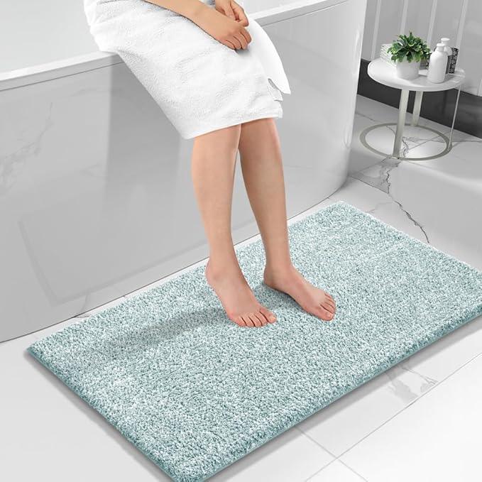 Yimobra Long Bathroom Rug Non Slip Washable, Soft Absorbent Microfiber Bath Mat, Dual-Tone Decor Rug with Rubber Backing for Bathroom Floor Tub and Shower,44x24,Home Essentials,Light Blue and White - ModernBath