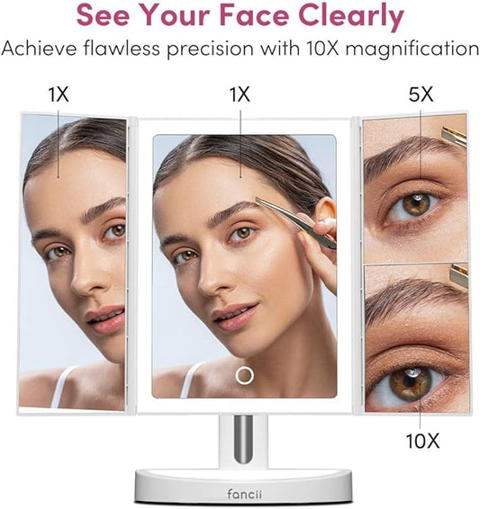 Fancii LED Lighted Vanity Makeup Mirror, Rechargeable Trifold Mirror with 5X & 10x Magnifications - 68 Dimmable Natural Lights, Touch Screen, Best Adjustable Make Up Mirror with Cosmetic Stand