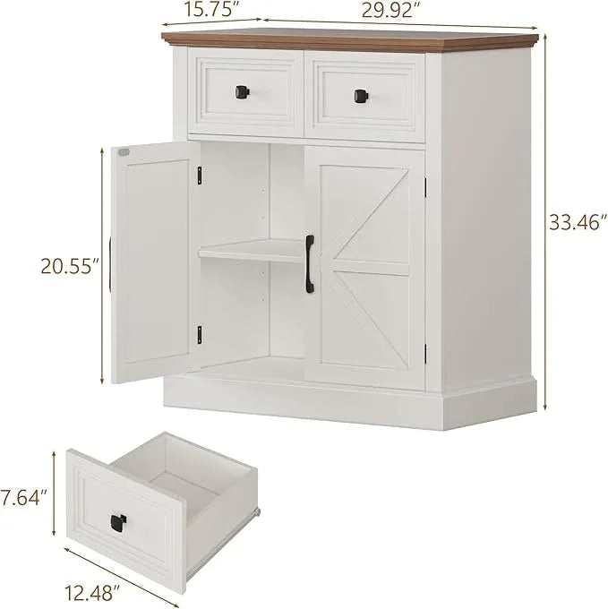 Vabches Farmhouse Buffet Sideboard with Drawers, Wood Pantry Cabinet with Storage, Rustic Storage Cabinet with Adjutable Shelf and Barn Door for Kitchen, Dining Room, Living Room, White - ModernBath