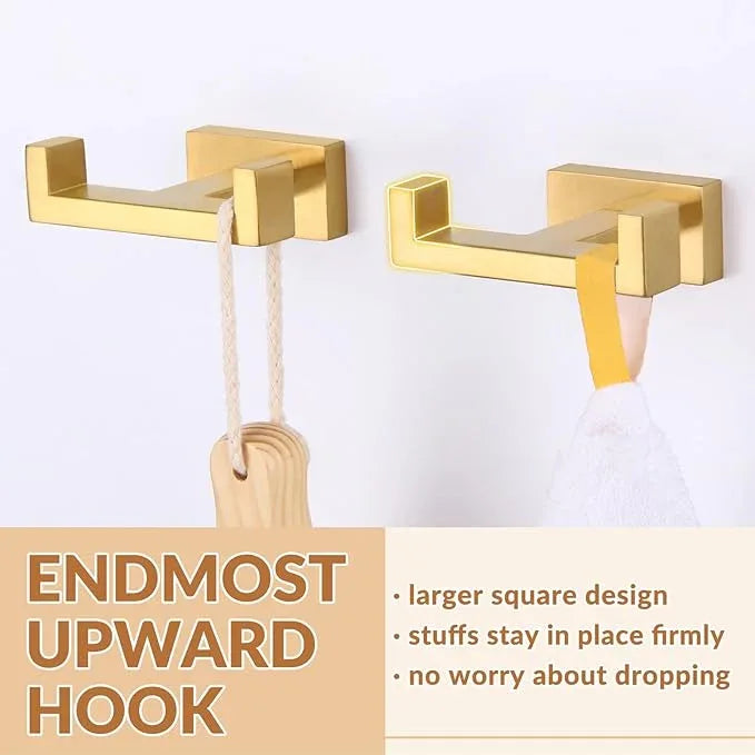 APLusee Double Bath Towel Hook 2 Pack, Solid Stainless Steel Square Dual Coat Holder, Modern Bathroom Kitchen Storage Hanger Wall Mounted, Brushed Gold - ModernBath