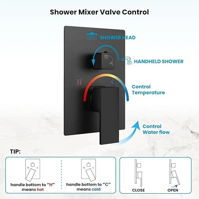 gotonovo Rainfall Bathroom Shower System Rain Shower Head and Handle Set Wall Mounted Shower Complete Combo Solid Brass Pressure Balancing Shower Mixer Valve 16 Inch Matte Black - ModernBath