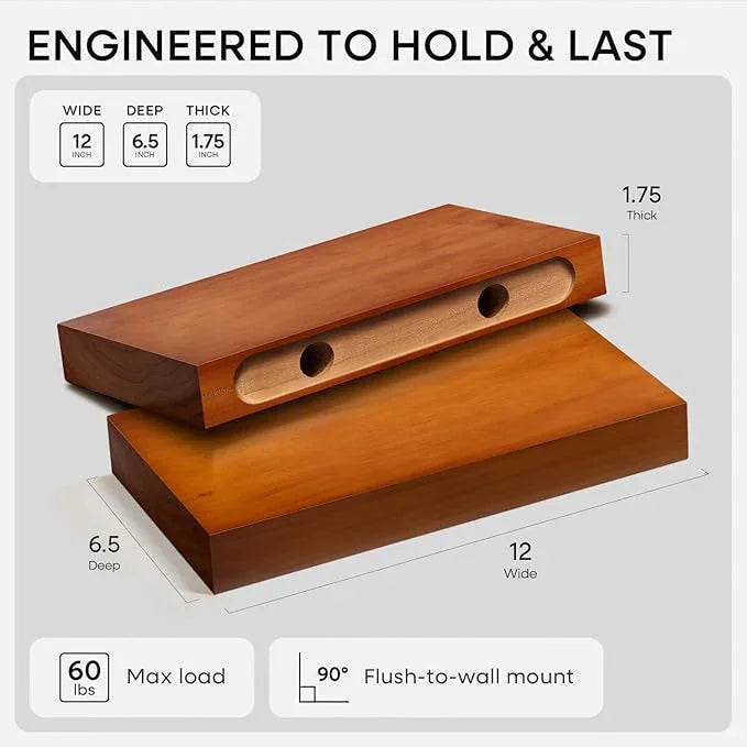 Homeforia 12 inch Oak Floating Shelf, High End Solid Real Wood 12inch Small Floating Shelves for Wall Mounted, Honey Oak Wooden 12in Floating Shelves, Heavy Duty Bracket, 12 X 6.5 X 1.75 in, Set of 2 - ModernBath
