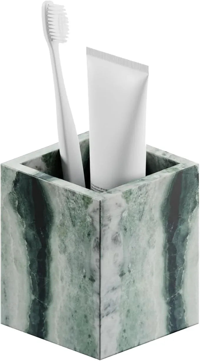 Marble Toothbrush Holder – 4.1" Genuine Stone Bathroom Cup for Makeup Brushes, Pens & Utensils | Natural Marble Organizer for Vanity, Countertop & Home Décor (Victoria Green) - ModernBath