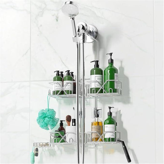 Sewulidon Stainless Steel Shower Caddy Hanging for Handheld Shower Heads,Rustproof Hose Shower Organizer Adjustable Length Shower Rack with 24 Hooks,Razor Holder,Soap Holder - ModernBath