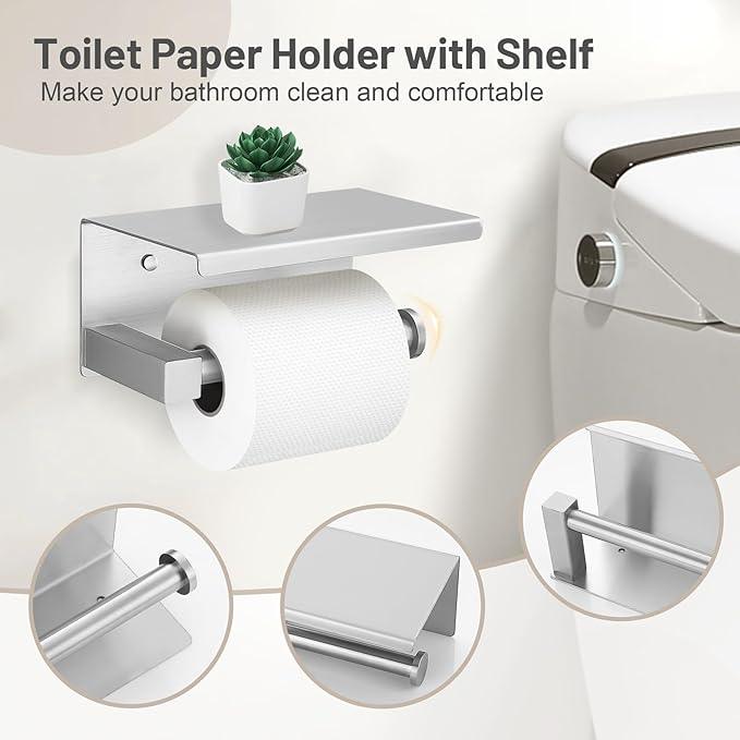 5-Piece Bathroom Hardware Set Brushed Nickel Bathroom Hardware Accessories Set Upgraded Toilet Paper Holder with Shelf Towel Holder Set for Bathroom Stainless Steel Wall Mounted - ModernBath