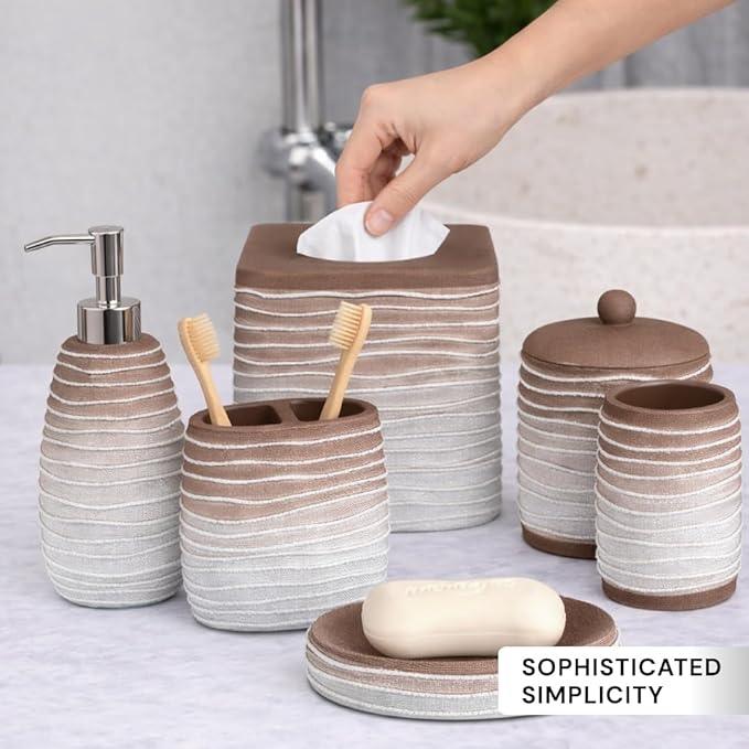 Decozen Bathroom Accessories Set 6Pcs – Soap Dispenser, Toothbrush Holder, Tumbler, Soap Dish & Cotton Swab Jar – Modern Bathroom Decor, Bath Set for Christmas Decor, Antonetta - ModernBath