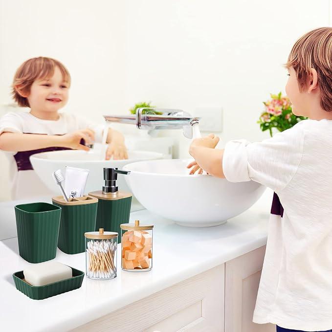 XLHOMO Dark Green Bathroom Accessories Set, 9-Piece Green Bathroom Set with Trash Can, Tray, Soap Dispenser, Toothbrush Holder, Toothbrush Cup, Soap Dish, Toilet Brush and Q-tip Holders - ModernBath