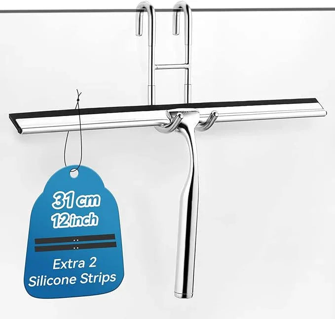 ecooe Stainless Steel Shower Squeegee with Hook, 12″ Shower Glass Cleaner Wiper Scraper with 2 Replacement Blade Window Squeegee for Home Bathroom Kitchen Car Glass Doors - ModernBath