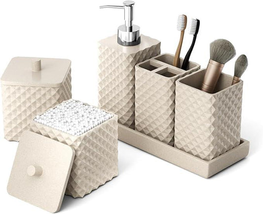Bathroom Accessories Set Resin 6PCS, Square Toothbrush Holders Set Complete with Soap Dispenser, Vanity Tray, Tumbler, Cups and Cotton Swab Jars (Beige Diamond, Resin Bath 6 PCS) - ModernBath