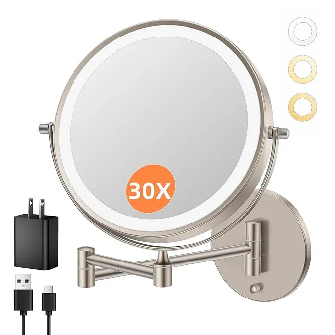 FUNTOUCH 9" 5000mAh Rechargeable Wall Mount Makeup Mirror with Lights, 30X/1X Magnifying Double Sided Mirror, 3 Color Lights,Touch Dimmable, 360 Rotation Extended Arm with Adapter,Brush Nickel - ModernBath