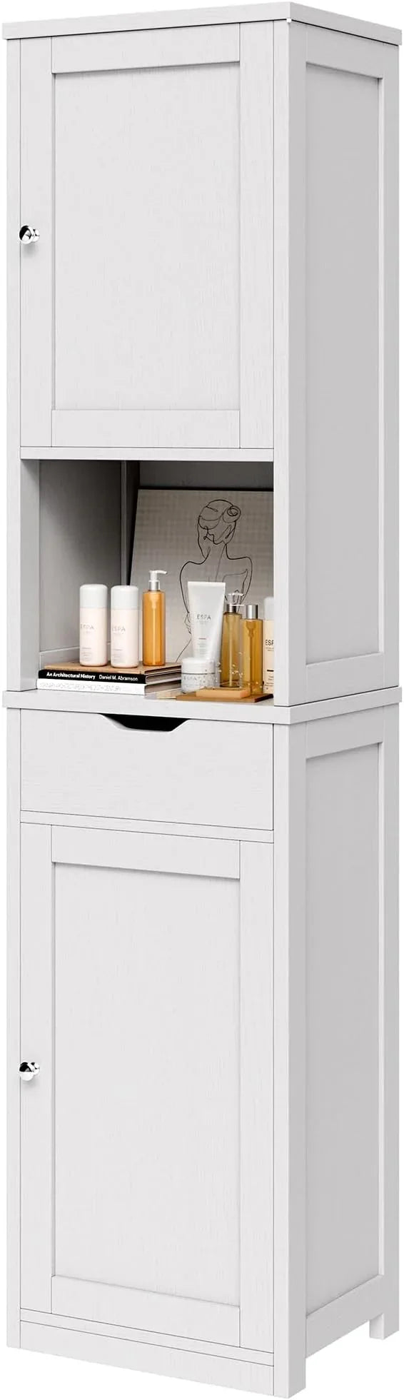 Vongrasig Tall Bathroom Storage Cabinet, 64”H Narrow Storage Unit for Small Spaces, Freestanding Modern Cabinet with Adjustable Shelves for Bathroom, Living Room, Kitchen, White - ModernBath