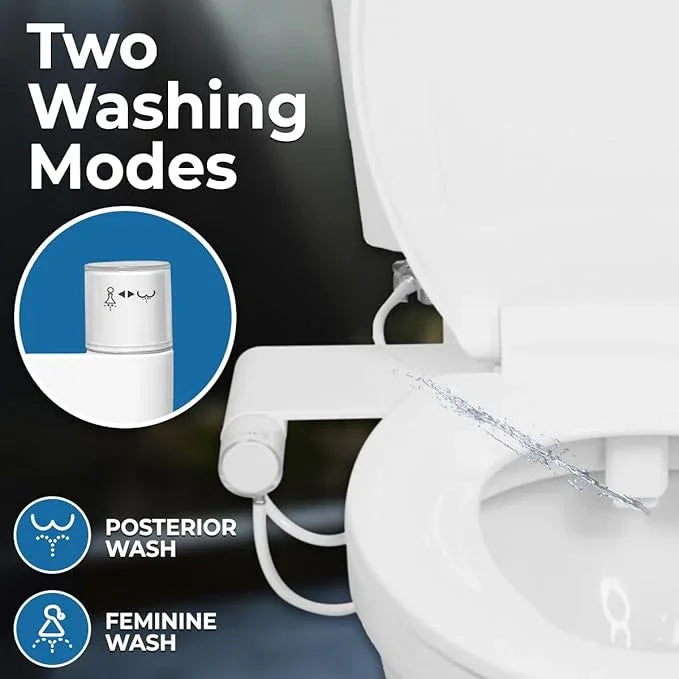Rear & Feminine Right Handed Ultra Thin Bidet Attachment for Toilet with Self Cleaning Dual Nozzles - No Wiring Needed - Easy DIY Install - Includes Hybrid Brass 3-way T with ON/OFF & Travel Bidet - ModernBath
