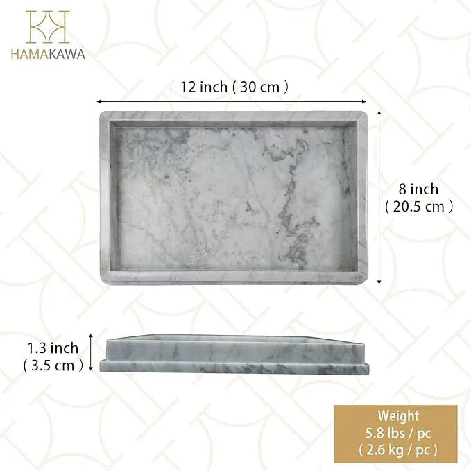 HAMAKAWA Large Natural Marble Bathroom Vanity Tray 12 inch, Carrara White Stone Jewelry Tray, Rectangle Sink Trays, Modern Tank Trays, Countertop Organizer for Soap Dispenser, Kitchen, Home Decor - ModernBath