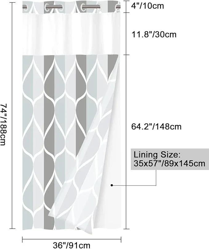 Yiatn No Hook Grey Small Stall Shower Curtain with Snap in Fabric Liner Set - Hotel Style with See Through Mesh Top Window, Modern Geometric Waterdrop Design,Waterproof and Washable, 36x74 INCH - ModernBath