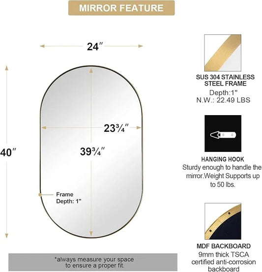 Andy Star Brass Oval Mirror, 24x40 Inch Bathroom Mirror Gold, Brass Vanity Mirror, Pill Shaped Mirrors Gold Metal Frame Stainless Steel 1’’ Deep Hang Vertically & Horizontally - ModernBath