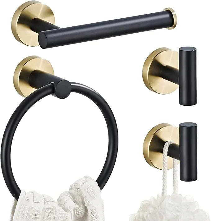 Bathroom Hardware Set 4 Piece Black&Gold Wall Mounted Stainless Steel Hardware Towel Bar Set Gold Bathroom Accessories Towel Rack Set Kit Includes Hand Towel Ring, Toilet Paper Holder, 2 Robe Hook - ModernBath