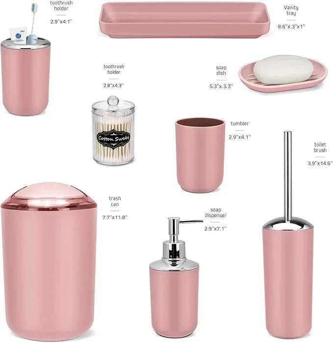 IMAVO Bathroom Accessories Set,Pink Bathroom Set,9 Pieces Bathroom Accessory Set,Tray,Qtip Holders,Toilet Brush,Trash Can for Bathroom Décor and Home Gifts - ModernBath