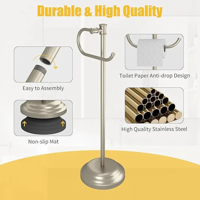 BESy Toilet Paper Holder Stand SUS 304 Free Standing Bathroom Tissue Holder with Storage Hardware Accessories Rack Hand Towel Bar Rustproof Lavatory Tissue Roll Holder Floor Modern Brushed Nickel - ModernBath