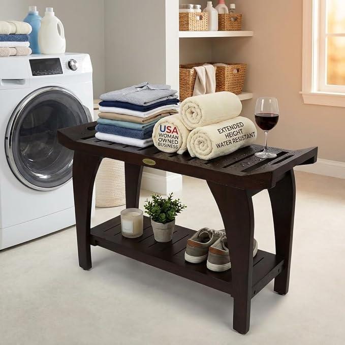 DecoTeak Tranquility 30 Inch Extended Height Brown Waterproof Teak Wood Shower Bench Stool Seat Chair for Inside Shower Storage Shelf Provides Safety Storage and Organization for Bathroom Accessories - ModernBath