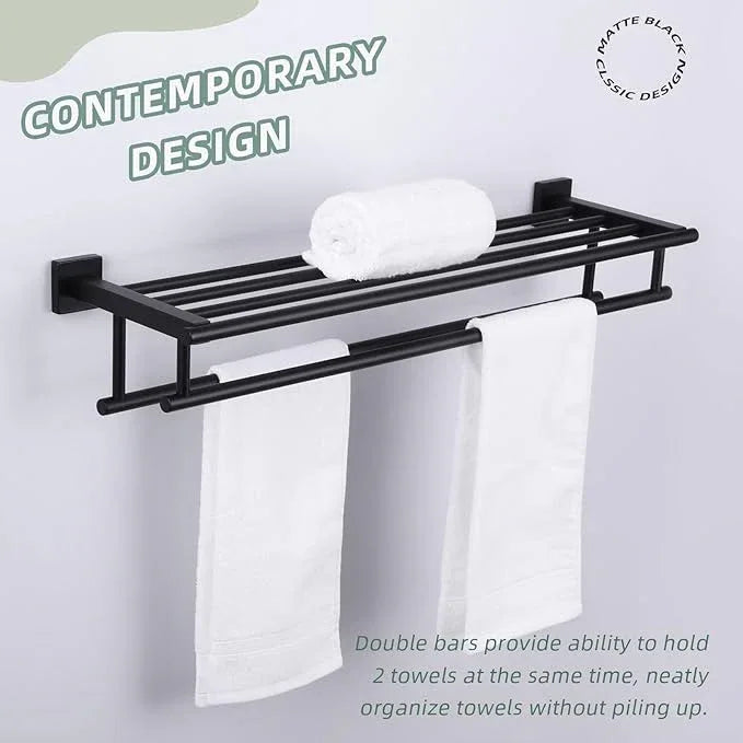 Bath Towel Shelf with 2 Towel Holders, Angle Simple Stainless Steel Bathroom Towel Rack with Towel Bars, Wall Mount Train Rack Matte Black 27.56 Inches - ModernBath