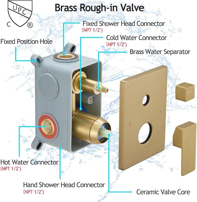 YCAIKOI Brushed Gold Shower System, 8 Inch High Pressure Rain Shower with Handheld, Wall Mount Shower Faucet Set for Bathroom, Rough-in Valve Body and Trim Included - ModernBath