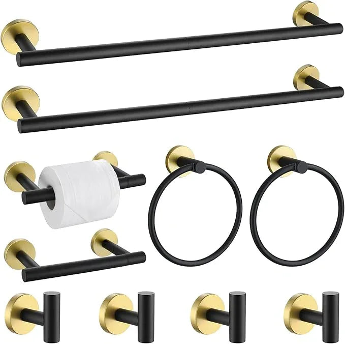 Black and Gold Towel Bar Bathroom Hardware Accessories Set, 10 Pieces Upgraded Round Toilet Paper Holder Towel Rack for Bathroom Wall Mounted, 23.6 Inch Stainless Steel Towel Rods for Bathroom - ModernBath