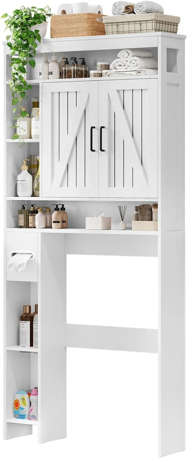 Over The Toilet Storage Cabinet with 2 Barn Doors & Built-in Toilet Paper Holder, Farmhouse Space-Saving Organizer for Bathrooms and Laundry Room, White - ModernBath