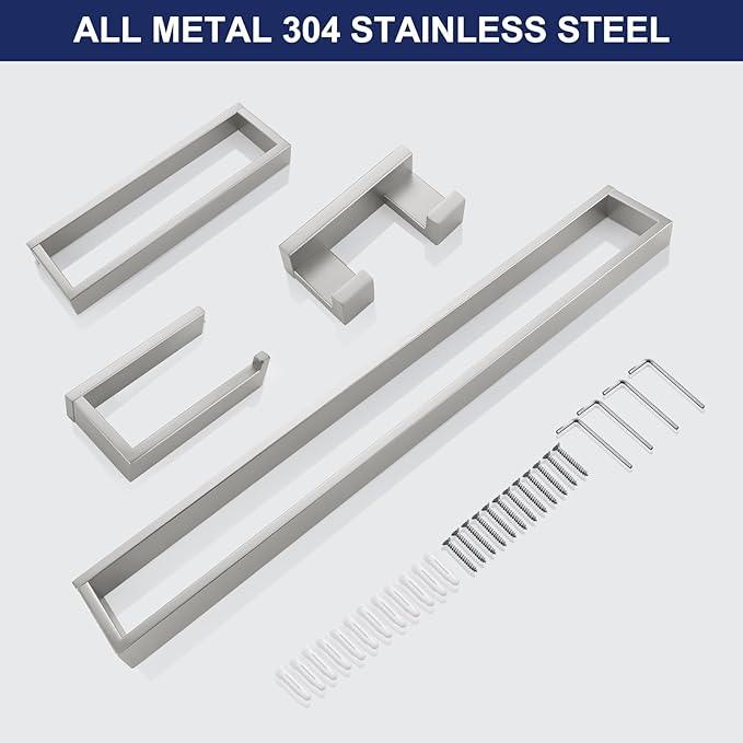 Brushed Nickel 4-Piece Bathroom Hardware Accessories Set, Bathroom Hardware Set including Towel Bar,Towel Holder, Toilet Paper Holder,Towel Hook, SUS304 Stainless Steel Bath Towel Bar Set Wall Mounted - ModernBath