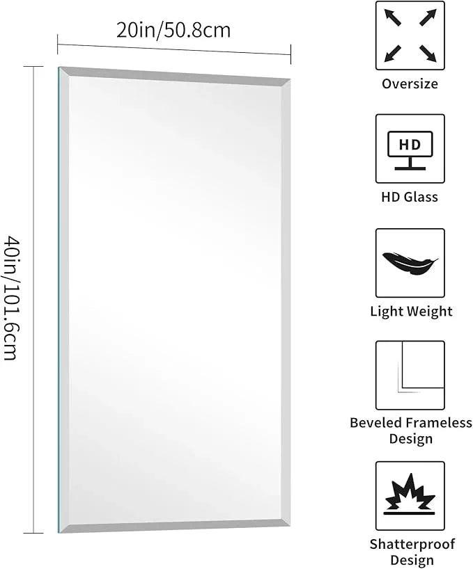 KOCUUY Beveled Mirror, 20x40 Inch Frameless Bathroom Mirror for Over Sink, Upgraded Shatterproof Beveled Unframed Design Mirror for Bathroom, Bedroom, Hang Horizontal/Vertical - ModernBath
