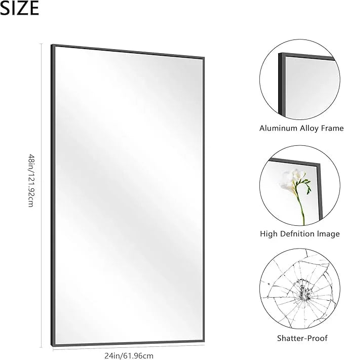 COFENY 48x24In Black Bathroom Mirror for Wall, Rectangle Mirrors with Metal Frame, Bathroom Rectangular Mirror Modern Wall Mirror for Bedroom Living Room, Entryway Hangs Horizontal or Vertical - ModernBath
