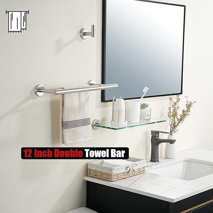 JQK Double Towel Bar, 15 Inch 304 Stainless Steel Thicken 0.8mm Towel Rack Holder for Bathroom Washcloths and Hand Towels, Brushed Wall Mount, Useable Length 12 Inch, TB100L12-BN - ModernBath