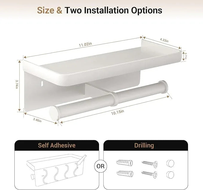 Double Toilet Paper Holder with Shelf,LigoVenmo Toilet Paper Holder Wall Mount - Modern Minimal Aluminium Design,Adhesive or Screw Bathroom White Toilet Paper Roll Holder with Wipes Storage - ModernBath