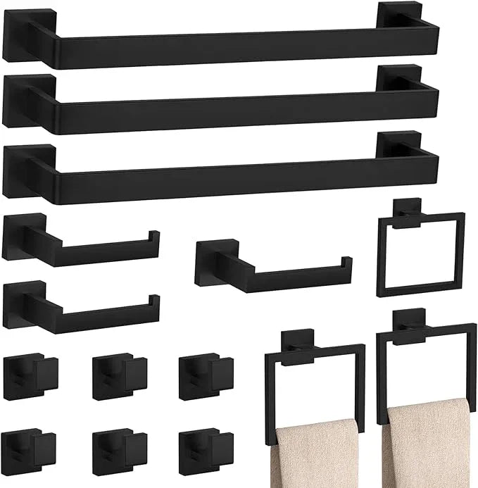 15-Piece Matte Black Bathroom Accessories Set – 23.6" Towel Bar, Towel Ring, Toilet Paper Holder & Hooks, Wall Mounted Bathroom Hardware, Rust & Corrosion-Resistant, Ideal for Modern Bathrooms - ModernBath