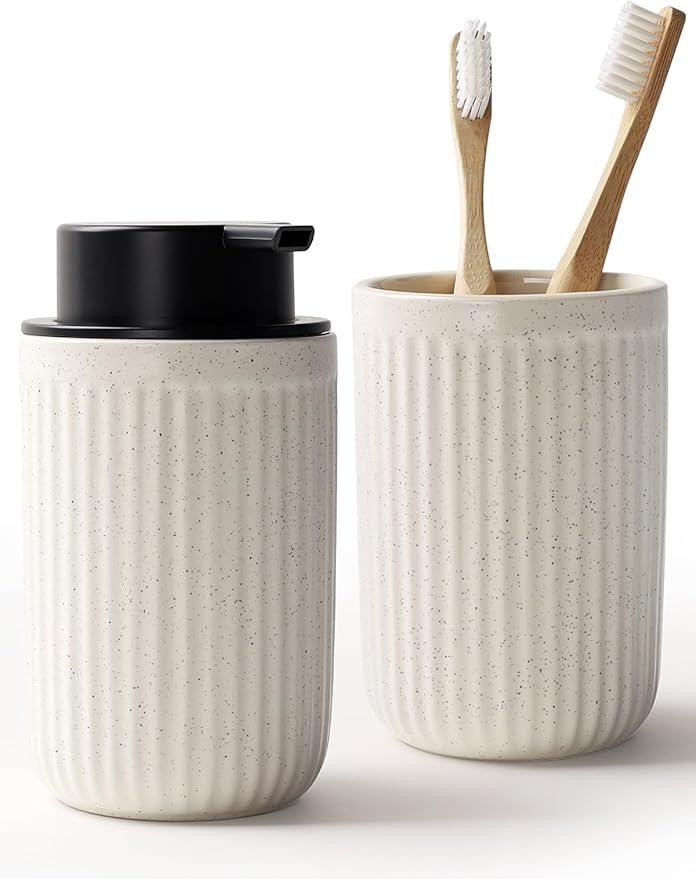 Bosilunlife Soap Dispenser and Toothbrush Holder Set - 11Oz Foam Soap Dispenser Pump Ceramic Bathroom Counter Soap Toothbrush Holder Set Beige Bathroom Accessories Set - ModernBath