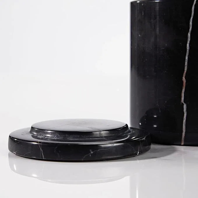 Black Marble Canister, Natural Otip Holder Dispenser with Lid, 3 x 3.5 Inch Cylinder Canister, High Capacity Bathroom Qtip Holder Storage for Cotton Swab, Floss Picks, Makeup Pad (Small) - ModernBath
