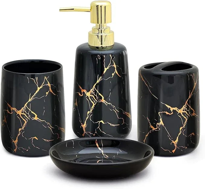 CERBIOR Bathroom Accessories Set,4 Pcs Ceramic Bathroom Decor Accessory,Includes Toothbrush Holder, Toothbrush Cup, Soap Dish for Decorative Countertop and Housewarming Gift(Black 4pcs) - ModernBath