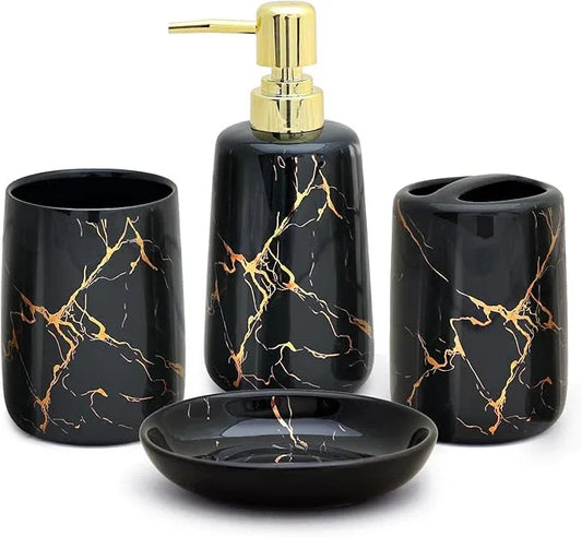 CERBIOR Bathroom Accessories Set,4 Pcs Ceramic Bathroom Decor Accessory,Includes Toothbrush Holder, Toothbrush Cup, Soap Dish for Decorative Countertop and Housewarming Gift(Black 4pcs) - ModernBath