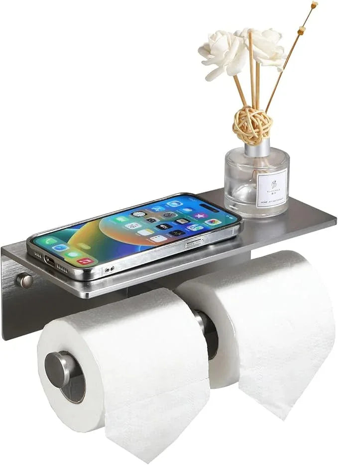 Toilet Paper Holder - Double Rolls Toilet Tissue Holder with Phone Shelf for Bathroom - TP Roll Holder with Wipes Storage, Wall Mounted by Adhesive Tape No Drilling or Screw - Brushed Nickel - ModernBath