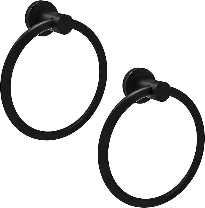 Matte Black 2 Pack Towel Ring, Hand Towel Holder for Bathroom Kitchen Modern Rounded Base Wall Mount SUS304 Stainless Steel, 180° Rotation - ModernBath
