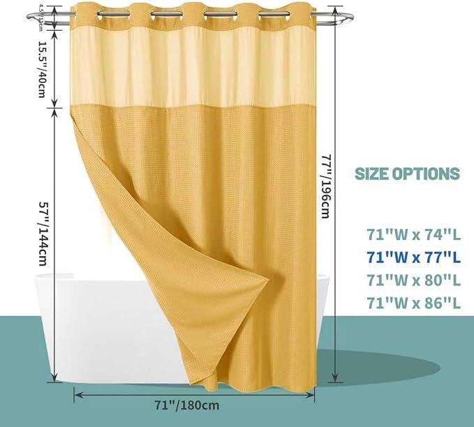 eachope Gold No Hook Waffle Weave Shower Curtain with snap-in Liner Replacement, 230GSM Waterproof Fabric Hotel Shower Curtain Set for Bathroom, Through Mesh Top Window,71Wx77H - ModernBath