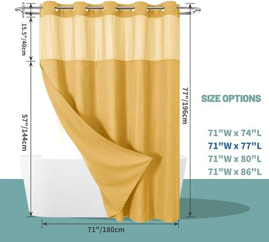 eachope Gold No Hook Waffle Weave Shower Curtain with snap-in Liner Replacement, 230GSM Waterproof Fabric Hotel Shower Curtain Set for Bathroom, Through Mesh Top Window,71Wx77H - ModernBath