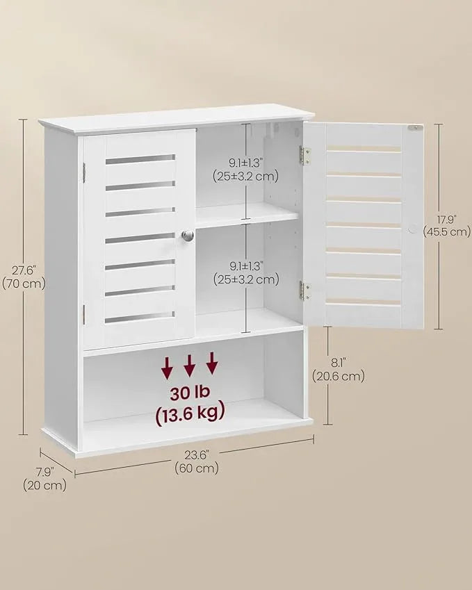 VASAGLE Bathroom Wall Cabinet, Medicine Cabinet, Wall-Mounted Bathroom Storage Cabinet, with Adjustable Shelf, Double Slat Doors and Open Shelf, 7.9 x 23.6 x 27.6 Inches, White UBBK028W01 - ModernBath