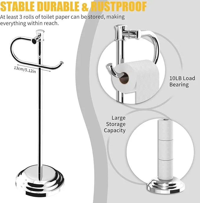 BESy Toilet Paper Holder Free Standing Bathroom Toilet Tissue Holder Stand for Floor Toilet Paper Roll Holder with Storage Hardware Accessories Rack Hand Towel Bar Polished Chrome Stainless Steel - ModernBath