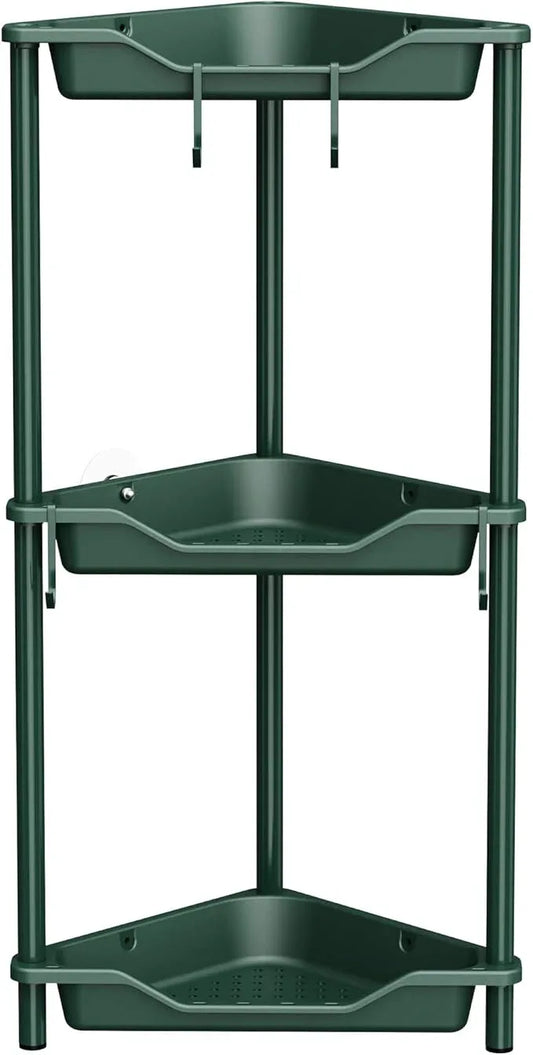 Orimade Rustproof 3 Tier Floor Standing Corner Shower Caddy Organizer, Plastic Metal Splicing Floor Corner Shelf Rack Stands for Bathroom, Dark Green - ModernBath