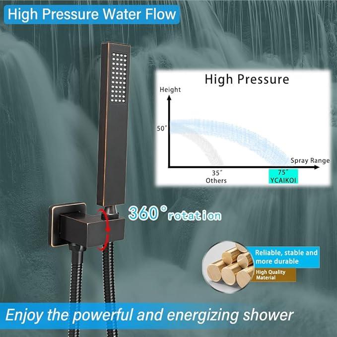YCAIKOI Shower Faucet Set Complete, Wall Mount Shower System for Bathroom 12 Inch High-Pressure Rainfall Shower with Handheld, Rough-in Valve Body and Trim Kit, Oil Rubbed Bronze - ModernBath