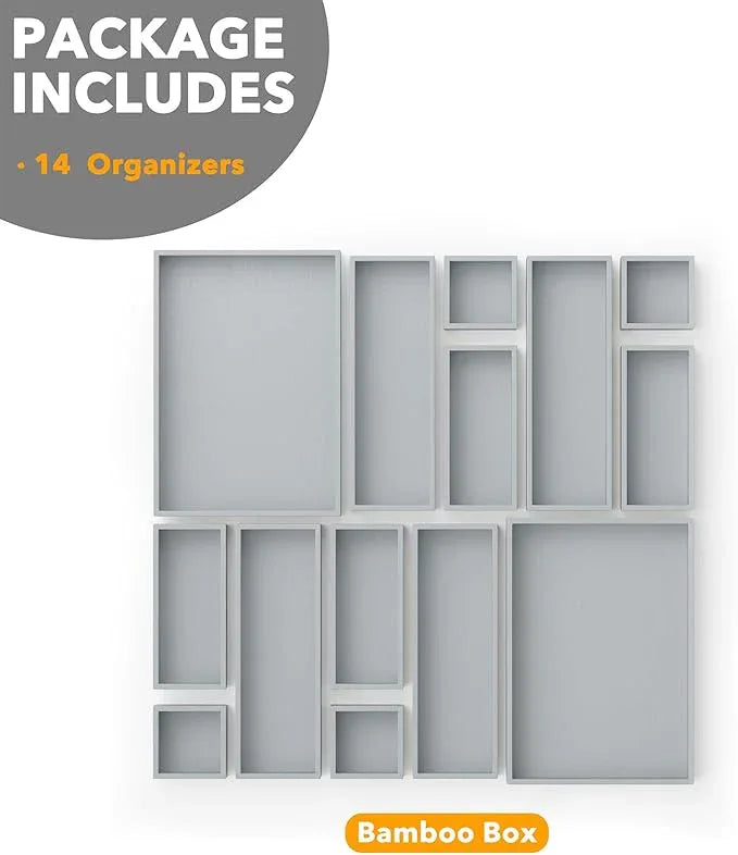 SpaceAid 14-Piece Bamboo Drawer Organizer Storage Boxes Set, Wood Tray Junk Drawer Organizers Multi-Use Divider Bins for Kitchen, Bathroom, Office Desk and Makeup Organization (14 Pack, Gray) - ModernBath