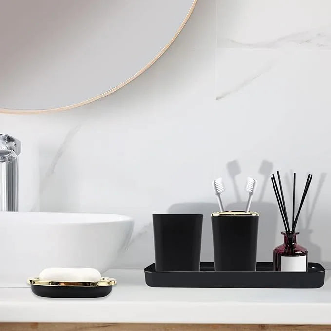 XLHOMO Black and Gold Bathroom Accessories Set, Bathroom Sets with Shower Curtain, Black Bathroom Accessories with Trash Can, Soap Dispenser, Soap Dish, Toilet Brush Holder, Qtip Holders for Bathroom - ModernBath
