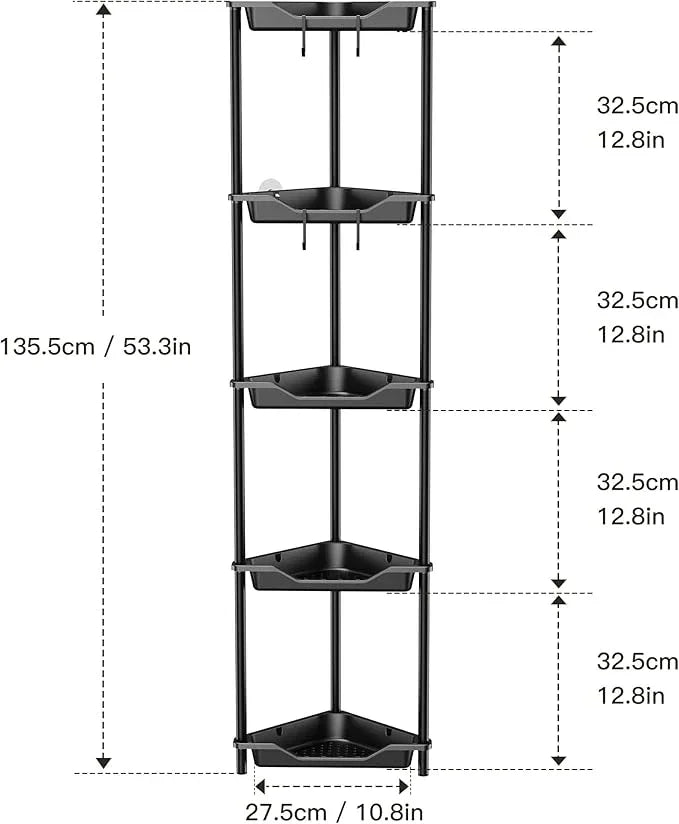 Orimade Rustproof 5 Tier Floor Standing Corner Shower Caddy Organizer, Plastic Metal Splicing Floor Corner Shelf Rack Stands for Bathroom, Black - ModernBath