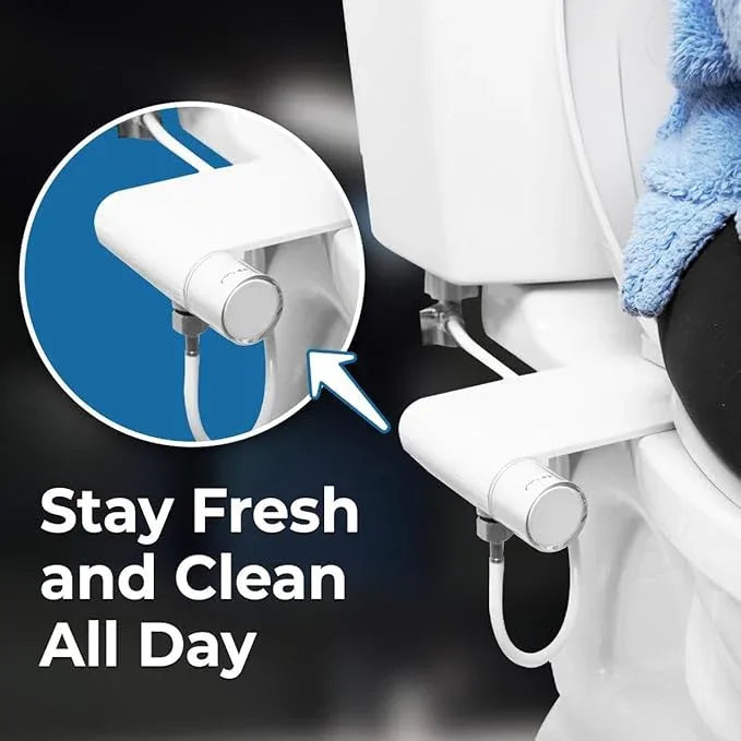 Rear & Feminine Right Handed Ultra Thin Bidet Attachment for Toilet with Self Cleaning Dual Nozzles - No Wiring Needed - Easy DIY Install - Includes Hybrid Brass 3-way T with ON/OFF & Travel Bidet - ModernBath