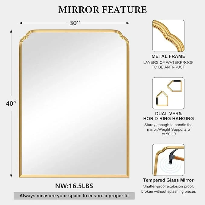 Ferytange 30X40 Inch Gold Bathroom Mirror for Vanity, Modern Rounded Corner Large Wall Mirror for Over Sink with Non-Rusting Iron Metal Framed (Tempered Glass) - ModernBath
